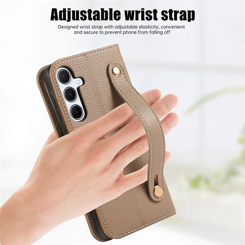 For Samsung Galaxy A35 5G Leather Case with Card Holder, Straps, Shockproof Wallet Phone Cover - Khaki