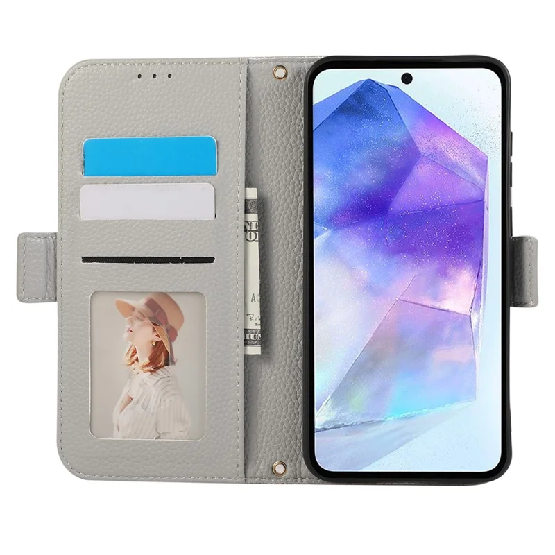 For Samsung Galaxy A35 5G Leather Case with Card Holder, Straps, Shockproof Wallet Phone Cover - Grey Blue
