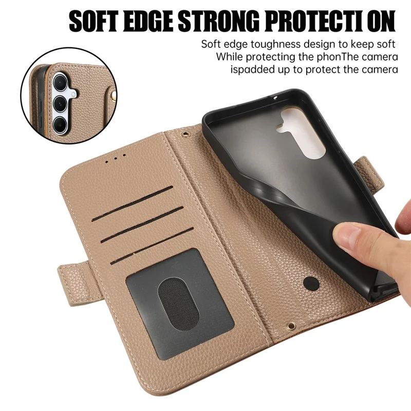 For Samsung Galaxy A55 5G Leather Case with Card Holder, Straps, Shockproof Wallet Phone Cover - Khaki