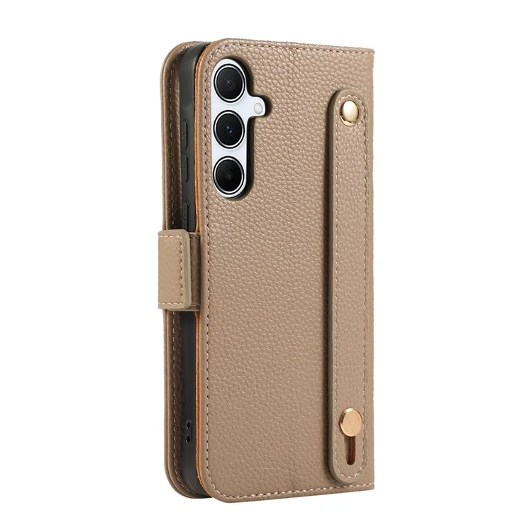 For Samsung Galaxy S24 Leather Case with Card Holder, Straps, Shockproof Wallet Phone Cover - Khaki