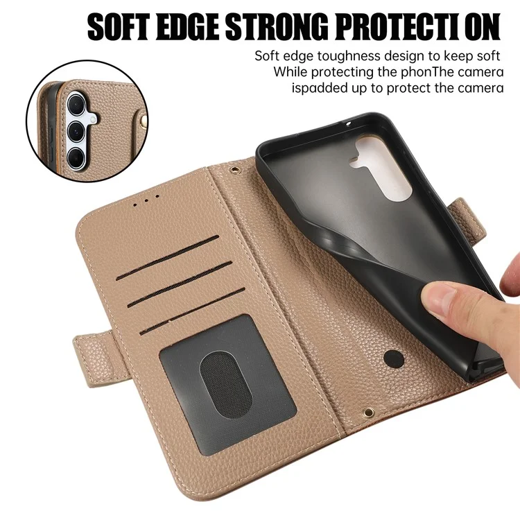 For Samsung Galaxy S24+ Leather Case with Card Holder, Straps, Shockproof Wallet Phone Cover - Khaki