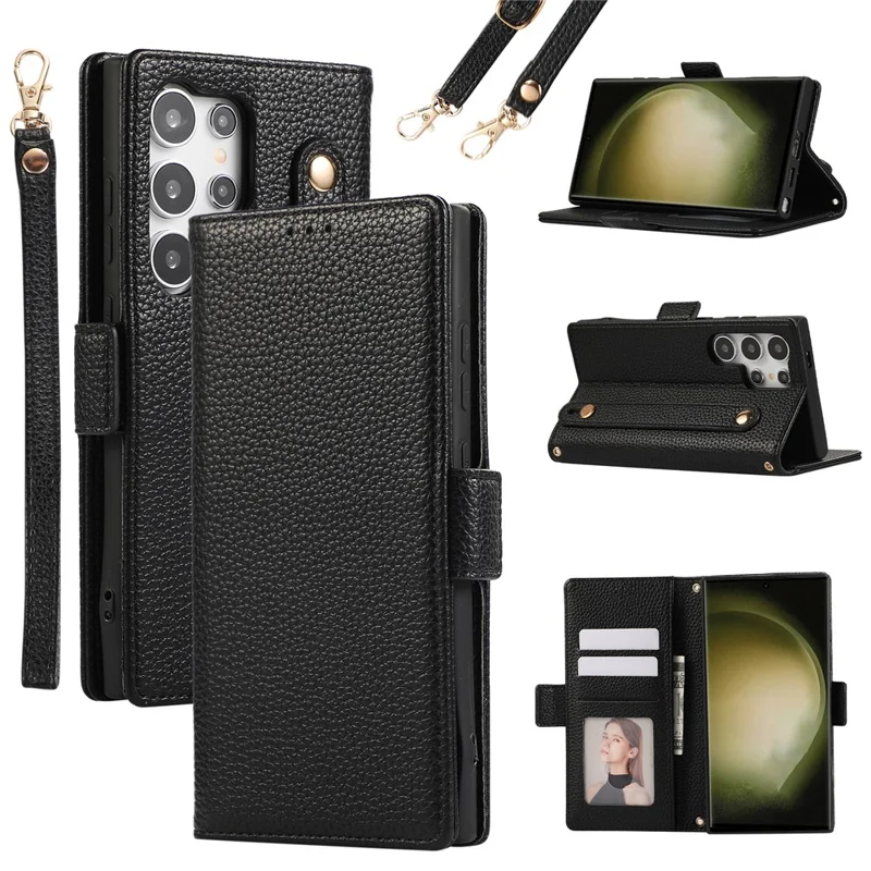 For Samsung Galaxy S24 Ultra Leather Case with Card Holder, Straps, Shockproof Wallet Phone Cover - Black