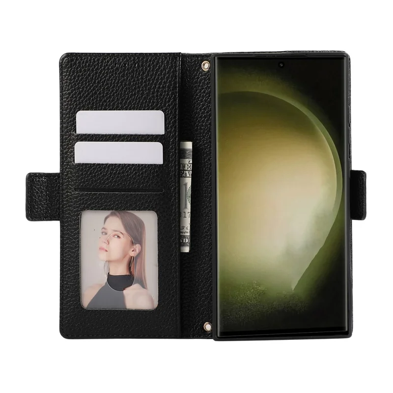 For Samsung Galaxy S24 Ultra Leather Case with Card Holder, Straps, Shockproof Wallet Phone Cover - Black
