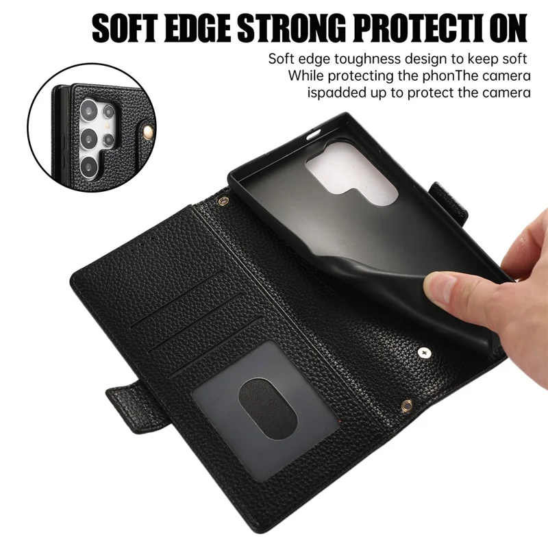 For Samsung Galaxy S24 Ultra Leather Case with Card Holder, Straps, Shockproof Wallet Phone Cover - Black