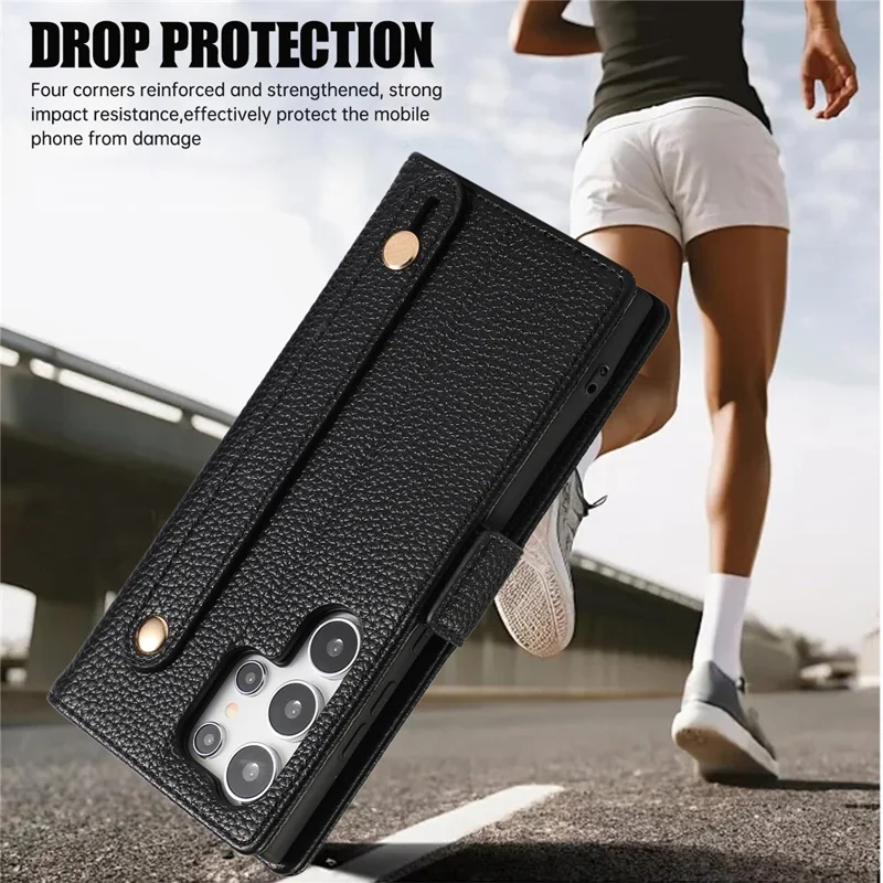 For Samsung Galaxy S24 Ultra Leather Case with Card Holder, Straps, Shockproof Wallet Phone Cover - Black