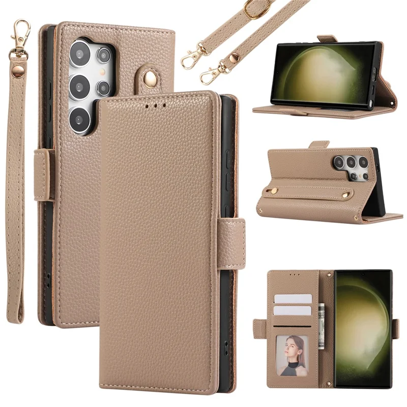 For Samsung Galaxy S23 Ultra Leather Case with Card Holder, Straps, Shockproof Wallet Phone Cover - Khaki