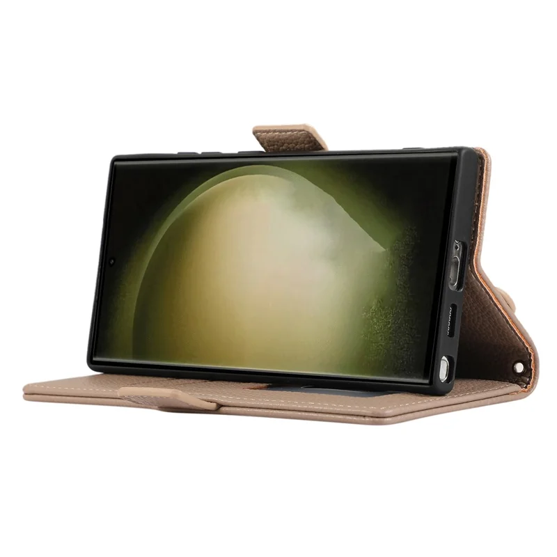 For Samsung Galaxy S23 Ultra Leather Case with Card Holder, Straps, Shockproof Wallet Phone Cover - Khaki