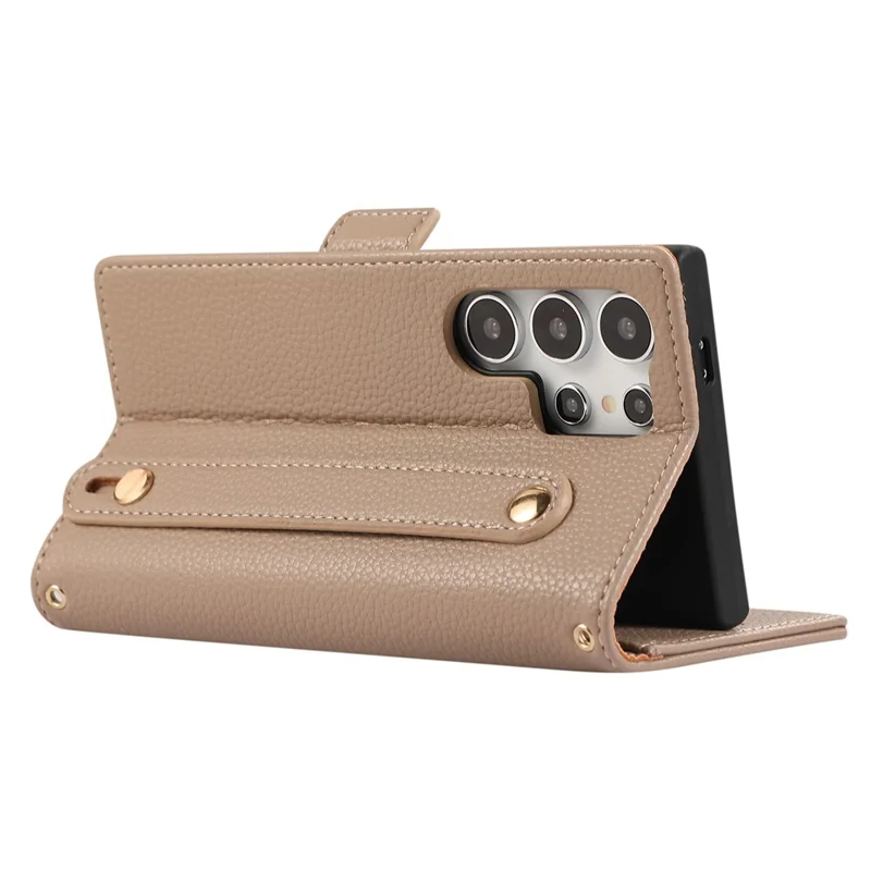 For Samsung Galaxy S23 Ultra Leather Case with Card Holder, Straps, Shockproof Wallet Phone Cover - Khaki