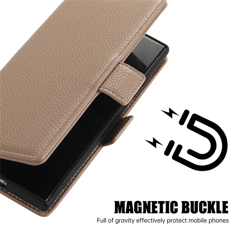 For Samsung Galaxy S23 Ultra Leather Case with Card Holder, Straps, Shockproof Wallet Phone Cover - Khaki