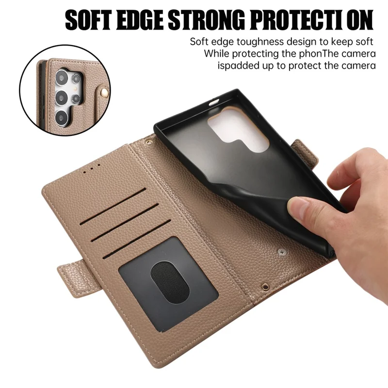For Samsung Galaxy S23 Ultra Leather Case with Card Holder, Straps, Shockproof Wallet Phone Cover - Khaki
