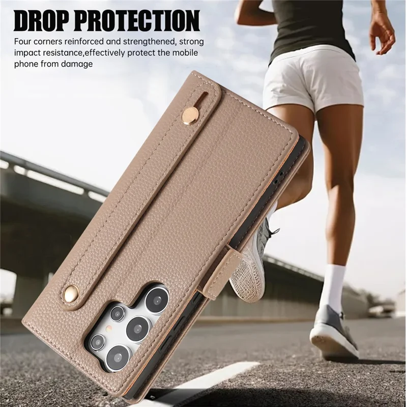 For Samsung Galaxy S23 Ultra Leather Case with Card Holder, Straps, Shockproof Wallet Phone Cover - Khaki