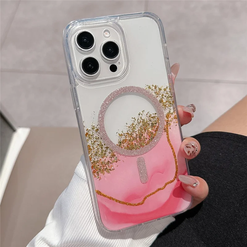 For iPhone 15 Pro Max Case Compatible with MagSafe Epoxy Marble Texture PC+TPU Phone Cover - Pink