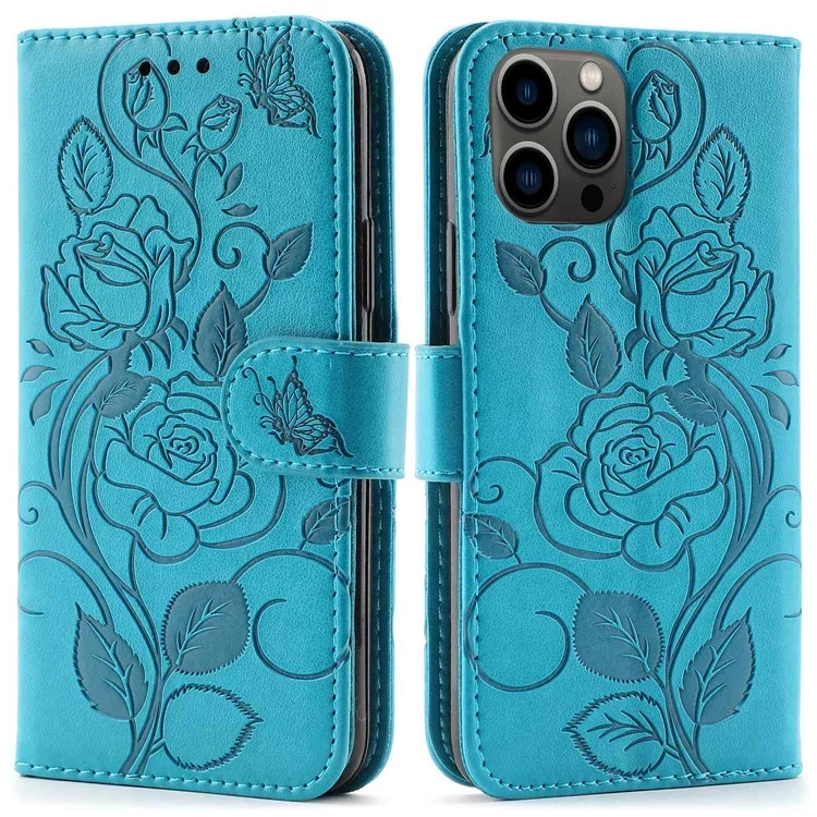 Imprinted Roses Phone Case For iPhone 12 / 12 Pro 6.1 Inch, Drop-Proof PU Leather Flip Cover Wallet Stand Protective Phone Shell - Blue