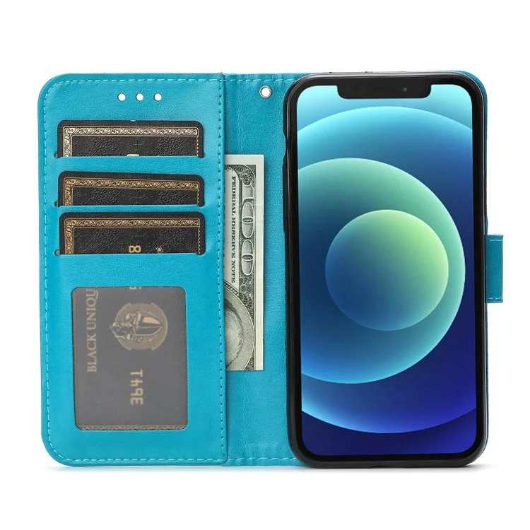 Imprinted Roses Phone Case For iPhone 12 / 12 Pro 6.1 Inch, Drop-Proof PU Leather Flip Cover Wallet Stand Protective Phone Shell - Blue