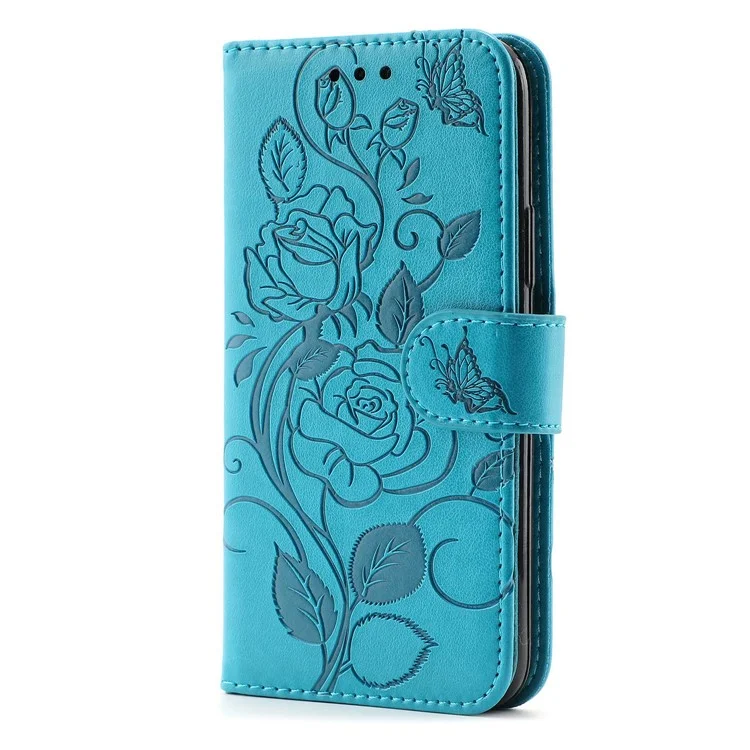 Imprinted Roses Phone Case For iPhone 12 / 12 Pro 6.1 Inch, Drop-Proof PU Leather Flip Cover Wallet Stand Protective Phone Shell - Blue