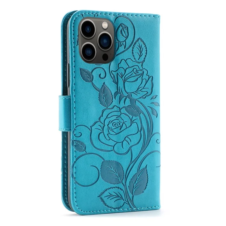 Imprinted Roses Phone Case For iPhone 12 / 12 Pro 6.1 Inch, Drop-Proof PU Leather Flip Cover Wallet Stand Protective Phone Shell - Blue
