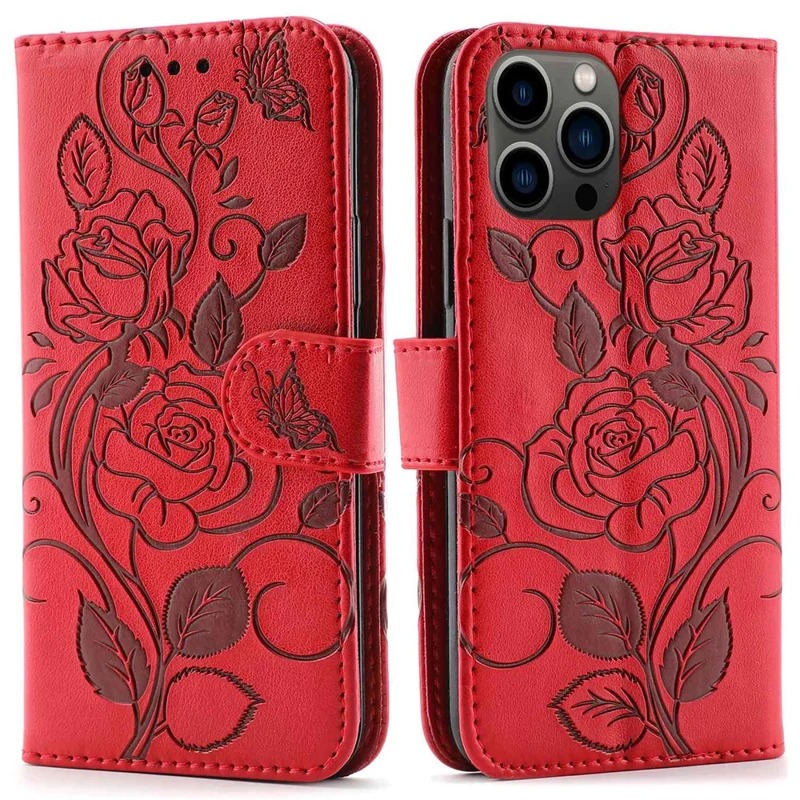 Imprinted Roses Phone Case For iPhone 12 / 12 Pro 6.1 Inch, Drop-Proof PU Leather Flip Cover Wallet Stand Protective Phone Shell - Red