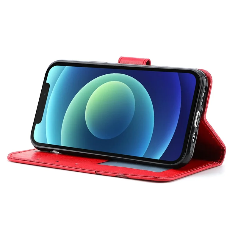 Imprinted Roses Phone Case For iPhone 12 / 12 Pro 6.1 Inch, Drop-Proof PU Leather Flip Cover Wallet Stand Protective Phone Shell - Red