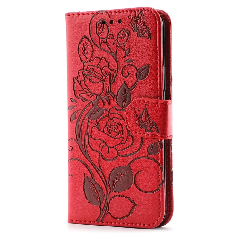 Imprinted Roses Phone Case For iPhone 12 / 12 Pro 6.1 Inch, Drop-Proof PU Leather Flip Cover Wallet Stand Protective Phone Shell - Red