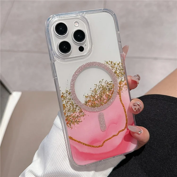 For iPhone 15 Pro Case Compatible with MagSafe Epoxy Marble Texture PC+TPU Phone Cover - Pink