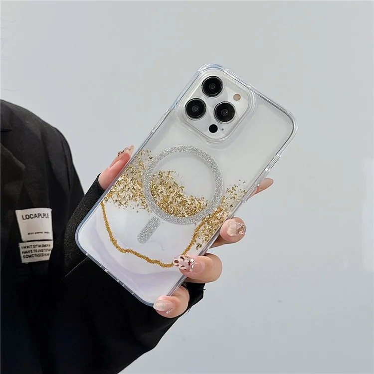 For iPhone 15 Pro Case Compatible with MagSafe Epoxy Marble Texture PC+TPU Phone Cover - Pink