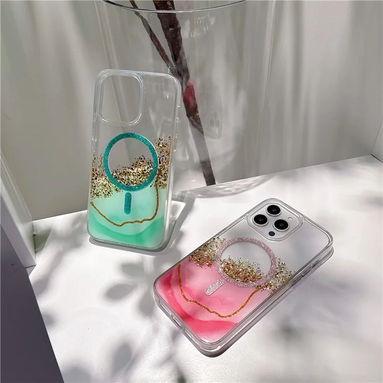 For iPhone 15 Pro Case Compatible with MagSafe Epoxy Marble Texture PC+TPU Phone Cover - Pink