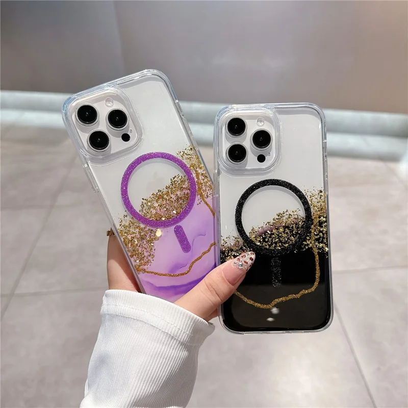 For iPhone 14 Pro Max Case Compatible with MagSafe Epoxy Marble Texture PC+TPU Phone Cover - Black