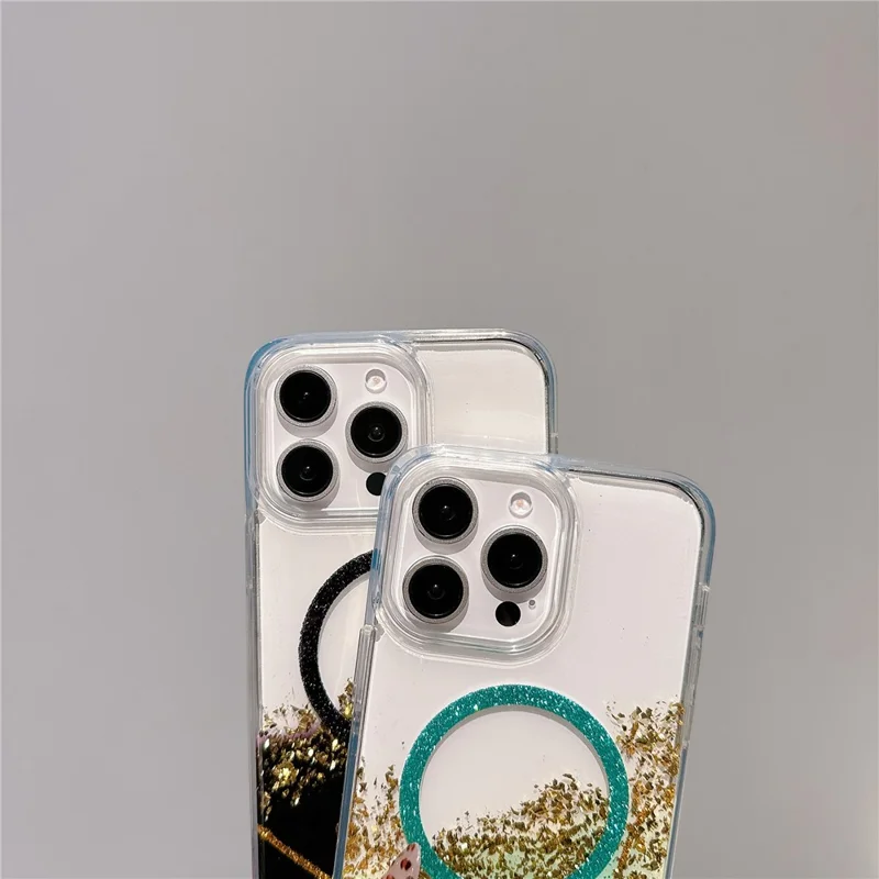 For iPhone 14 Pro Max Case Compatible with MagSafe Epoxy Marble Texture PC+TPU Phone Cover - Black
