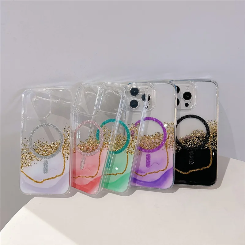 For iPhone 14 Pro Max Case Compatible with MagSafe Epoxy Marble Texture PC+TPU Phone Cover - Black