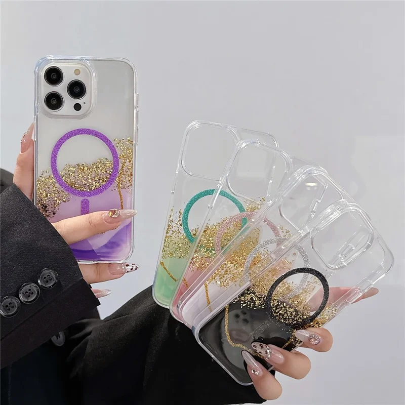 For iPhone 14 Pro Case Compatible with MagSafe Epoxy Marble Texture PC+TPU Phone Cover - Pink