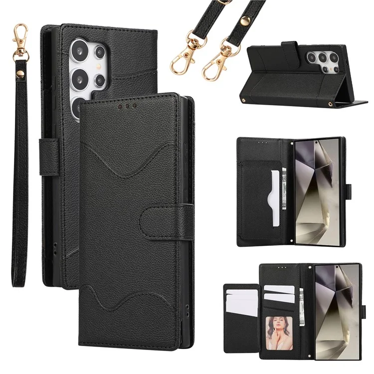 For Samsung Galaxy S24 Ultra Leather Phone Case with Card Holder, Wallet, Straps Protective Flip Cover - Black