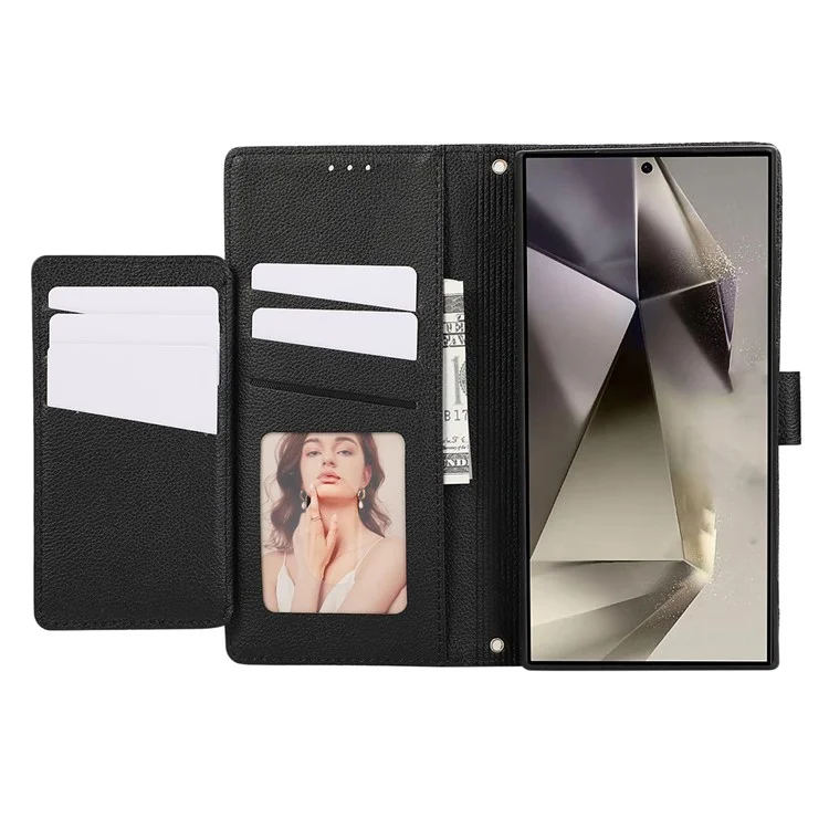 For Samsung Galaxy S24 Ultra Leather Phone Case with Card Holder, Wallet, Straps Protective Flip Cover - Black