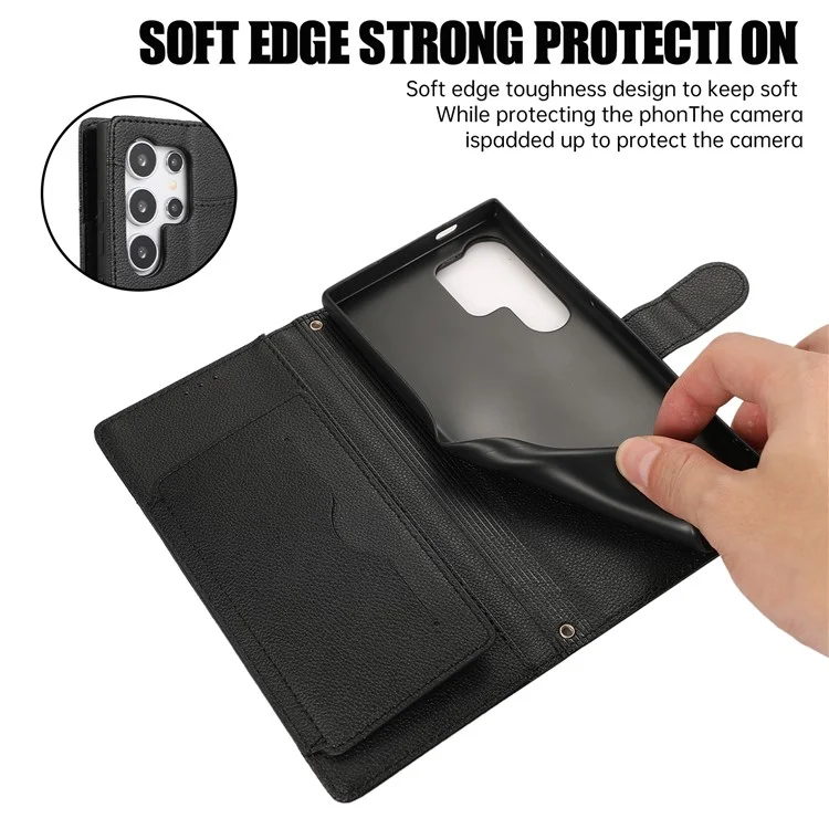 For Samsung Galaxy S24 Ultra Leather Phone Case with Card Holder, Wallet, Straps Protective Flip Cover - Black