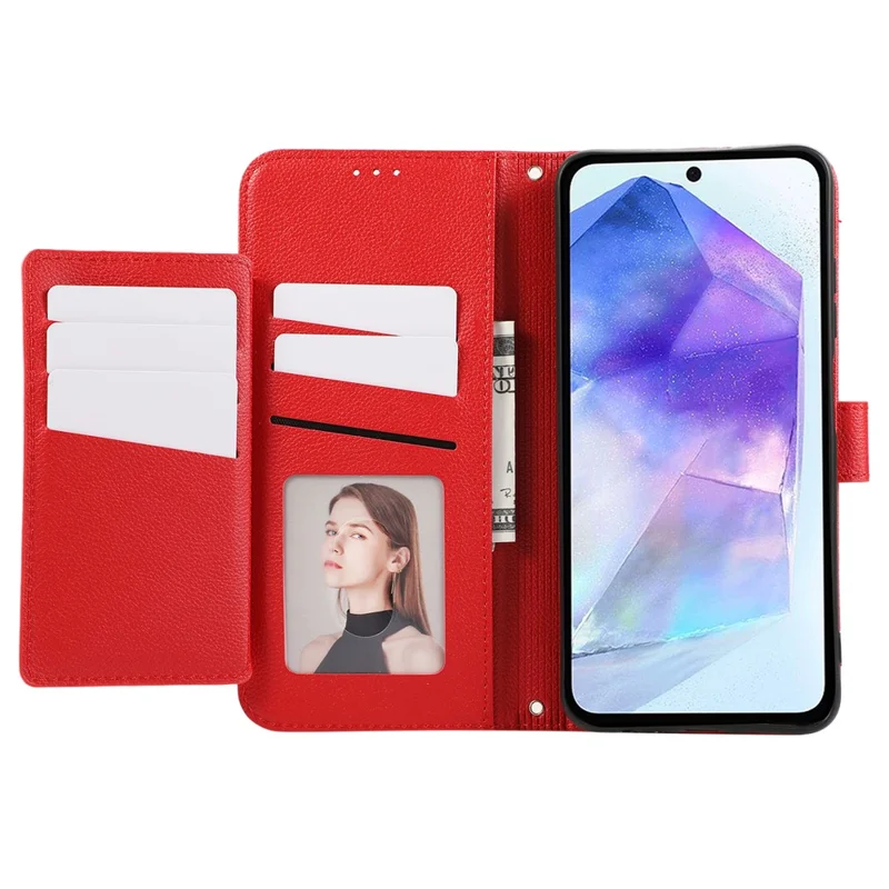 For Samsung Galaxy A55 5G Leather Phone Case with Card Holder, Wallet, Straps Protective Flip Cover - Red
