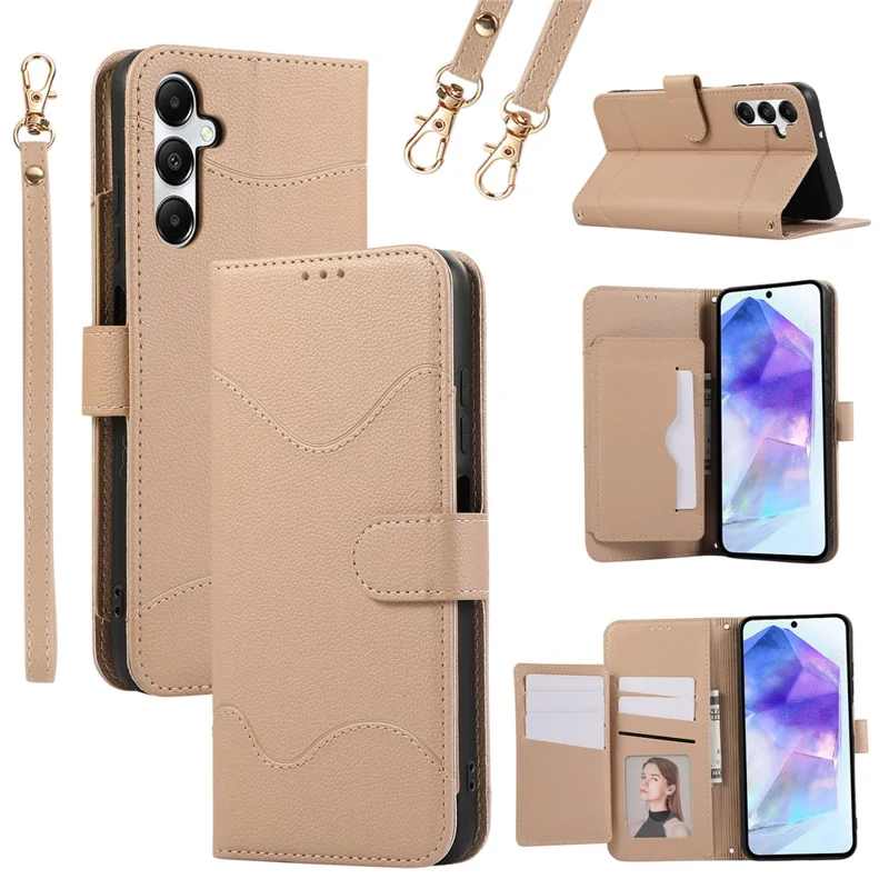 For Samsung Galaxy A15 5G / 4G Leather Phone Case with Card Holder, Wallet, Straps Protective Flip Cover - Khaki
