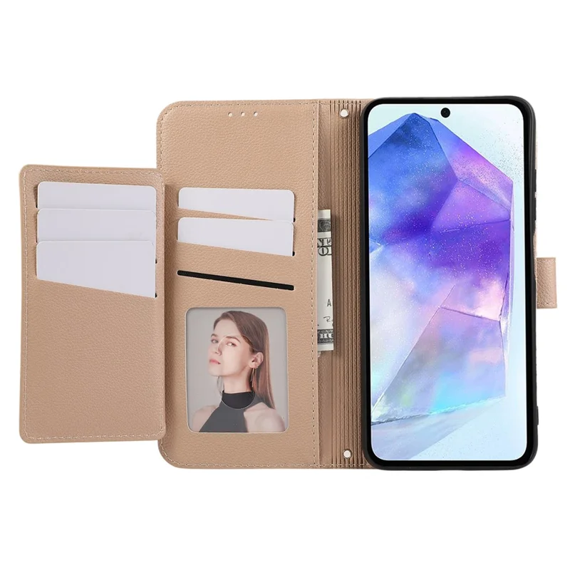 For Samsung Galaxy A15 5G / 4G Leather Phone Case with Card Holder, Wallet, Straps Protective Flip Cover - Khaki