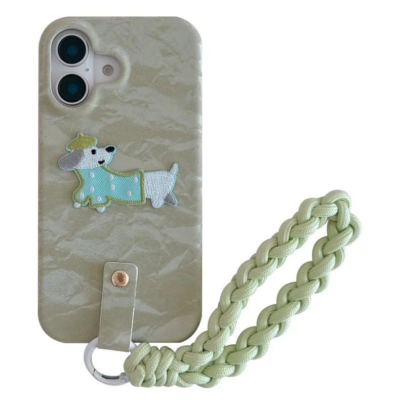 Voor iPhone 16 Plus hoesje met schattig patroon, zacht PU+PC achterklep met gevlochten handige riem - Lichtgroen hondje