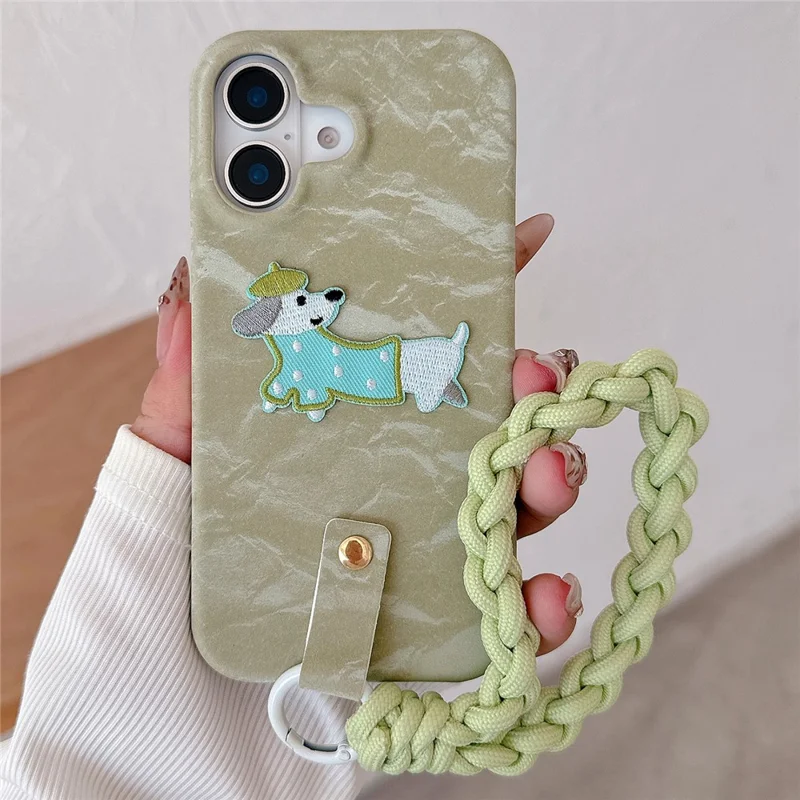 Voor iPhone 16 Plus hoesje met schattig patroon, zacht PU+PC achterklep met gevlochten handige riem - Lichtgroen hondje