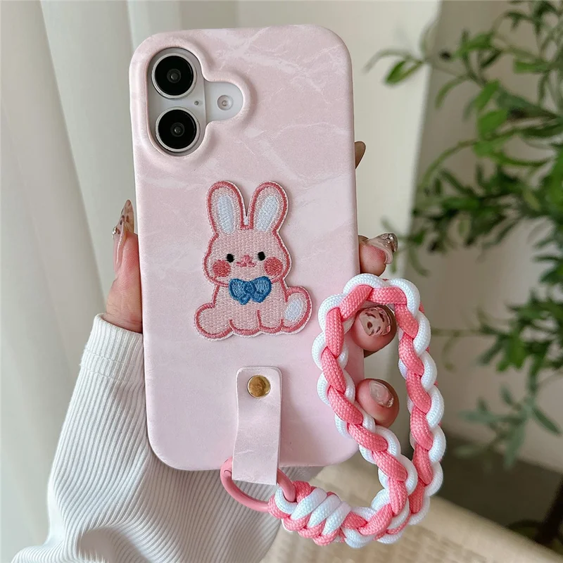 For iPhone 16 Plus Case Cute Pattern Soft PU+PC Phone Back Cover with Braided Handy Strap - Pink Rabbit