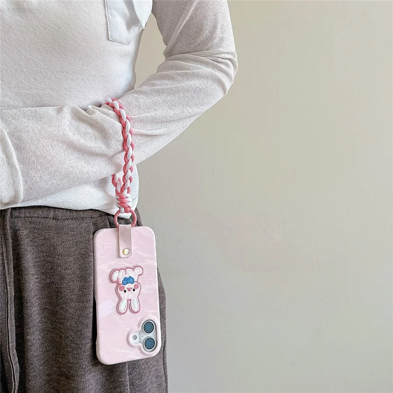 For iPhone 16 Plus Case Cute Pattern Soft PU+PC Phone Back Cover with Braided Handy Strap - Pink Rabbit