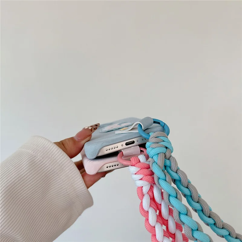 For iPhone 16 Plus Case Cute Pattern Soft PU+PC Phone Back Cover with Braided Handy Strap - Pink Rabbit