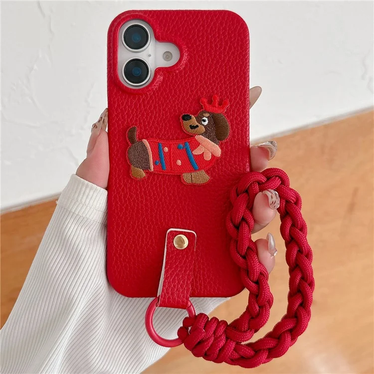 For iPhone 16 Plus Case Christmas Design Cute Dog Pattern PU+PC Phone Back Cover with Braided Handy Strap