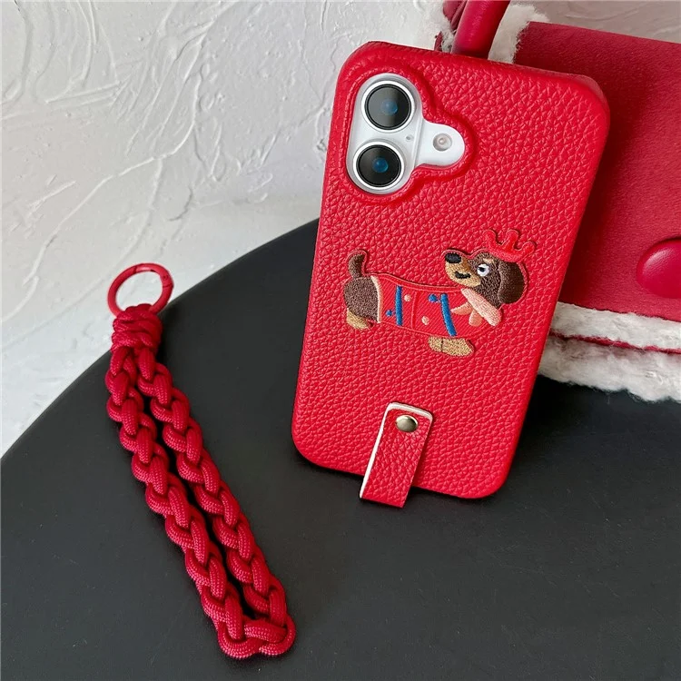 For iPhone 16 Plus Case Christmas Design Cute Dog Pattern PU+PC Phone Back Cover with Braided Handy Strap