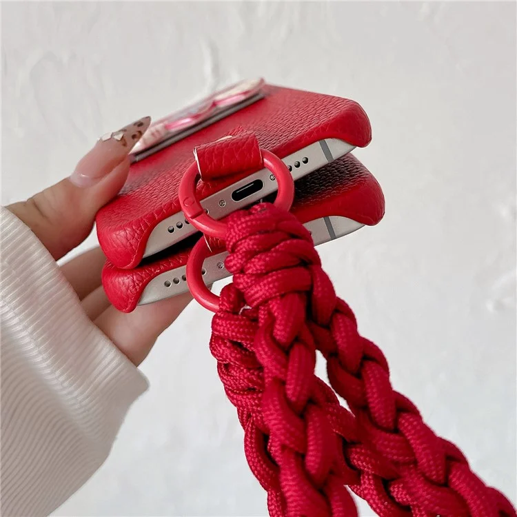For iPhone 16 Plus Case Christmas Design Cute Dog Pattern PU+PC Phone Back Cover with Braided Handy Strap