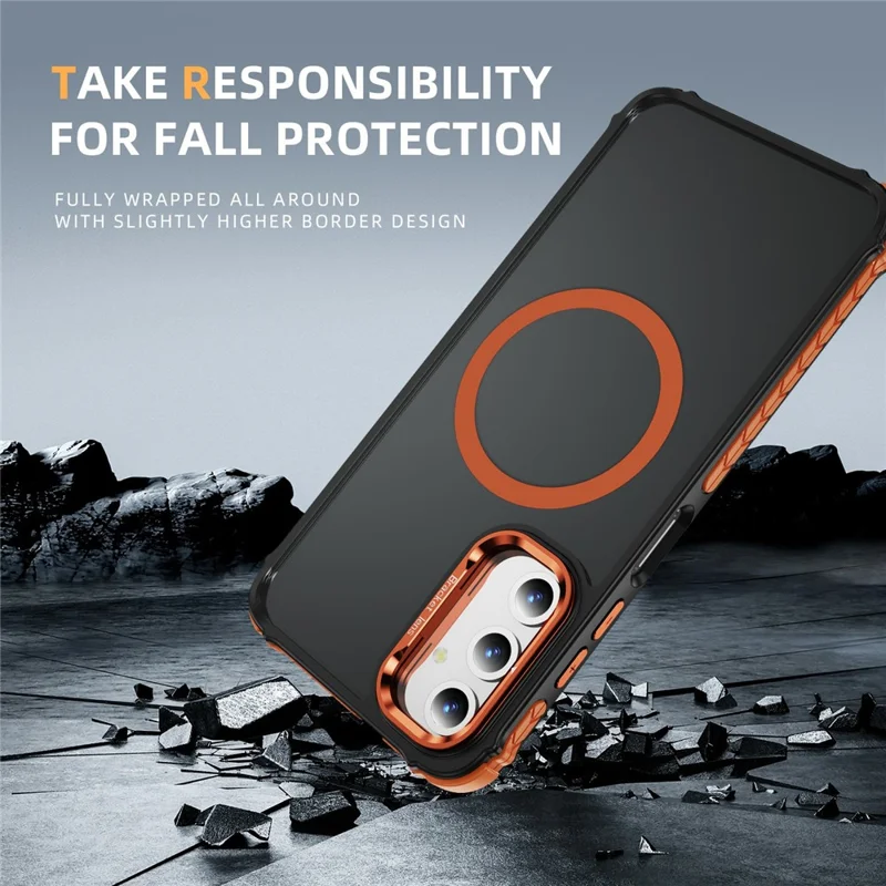 For Samsung Galaxy S25 Case with Lens Kickstand Matte Back Cover Magnetic Case - Orange