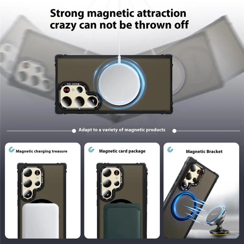 For Samsung Galaxy S25 Ultra Case with Lens Kickstand Matte Back Cover Magnetic Case - Black