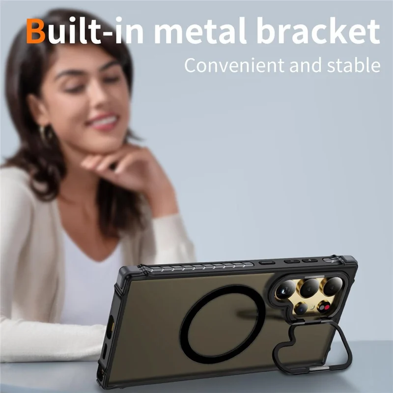 For Samsung Galaxy S25 Ultra Case with Lens Kickstand Matte Back Cover Magnetic Case - Black