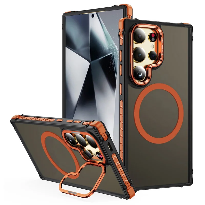 For Samsung Galaxy S25 Ultra Case with Lens Kickstand Matte Back Cover Magnetic Case - Orange