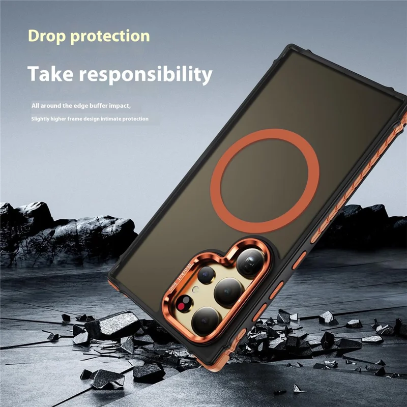 For Samsung Galaxy S25 Ultra Case with Lens Kickstand Matte Back Cover Magnetic Case - Orange