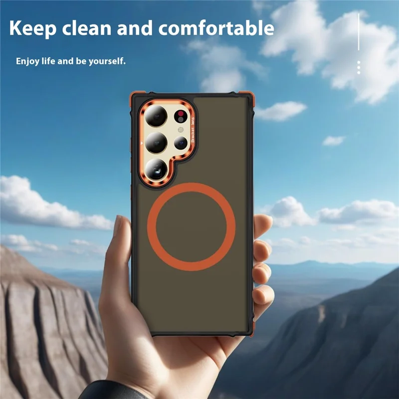 For Samsung Galaxy S25 Ultra Case with Lens Kickstand Matte Back Cover Magnetic Case - Orange